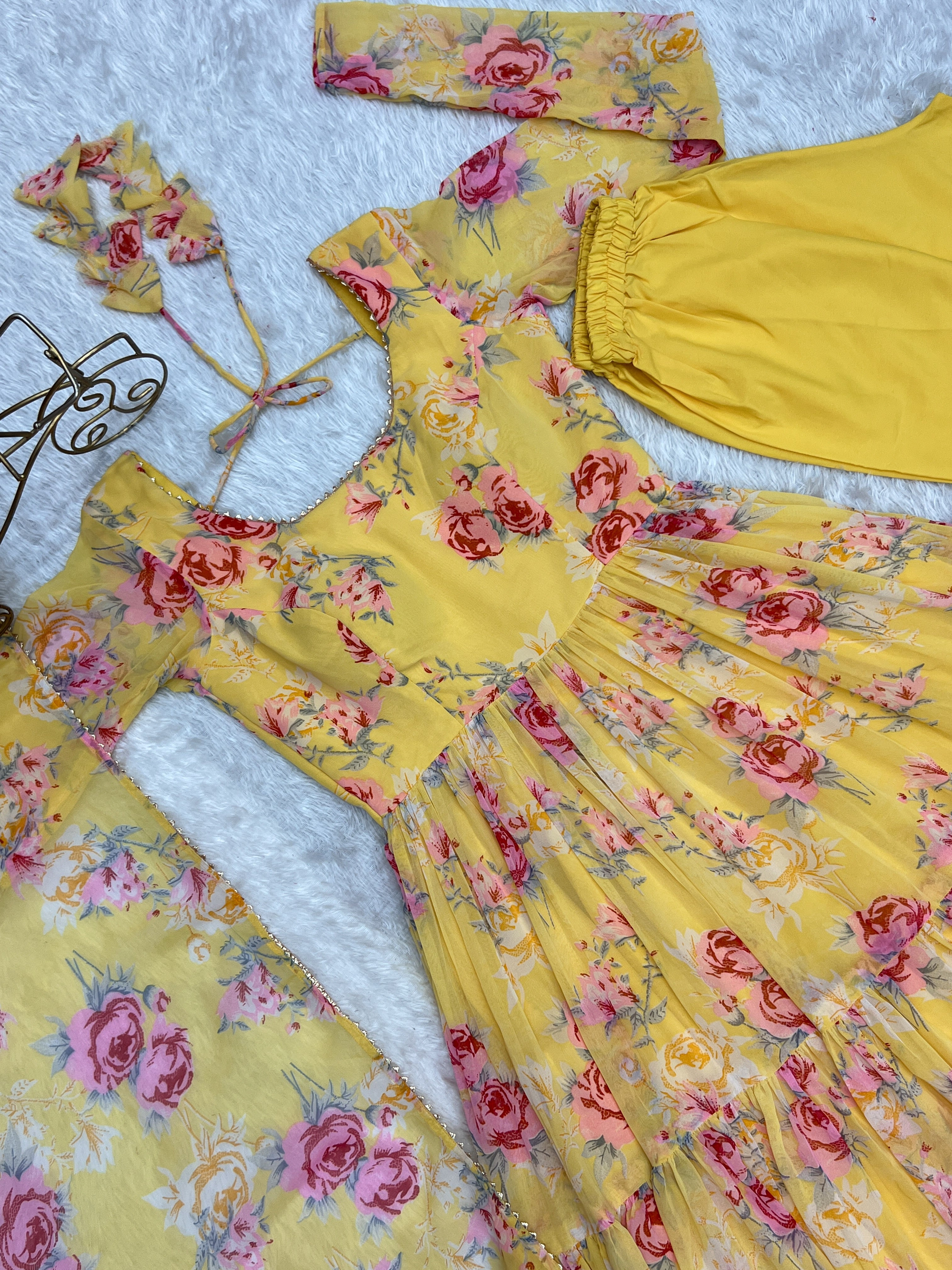 Yellow Heavy Pure Fox Georgette Multi Floral Print Suit