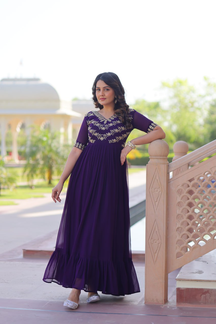 Purple Sequins Multithreaded Beads Embroidered Work Gown