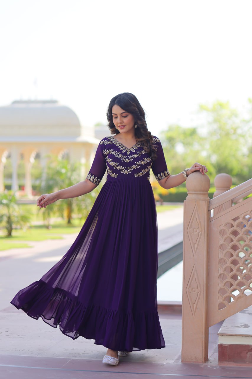 Purple Sequins Multithreaded Beads Embroidered Work Gown