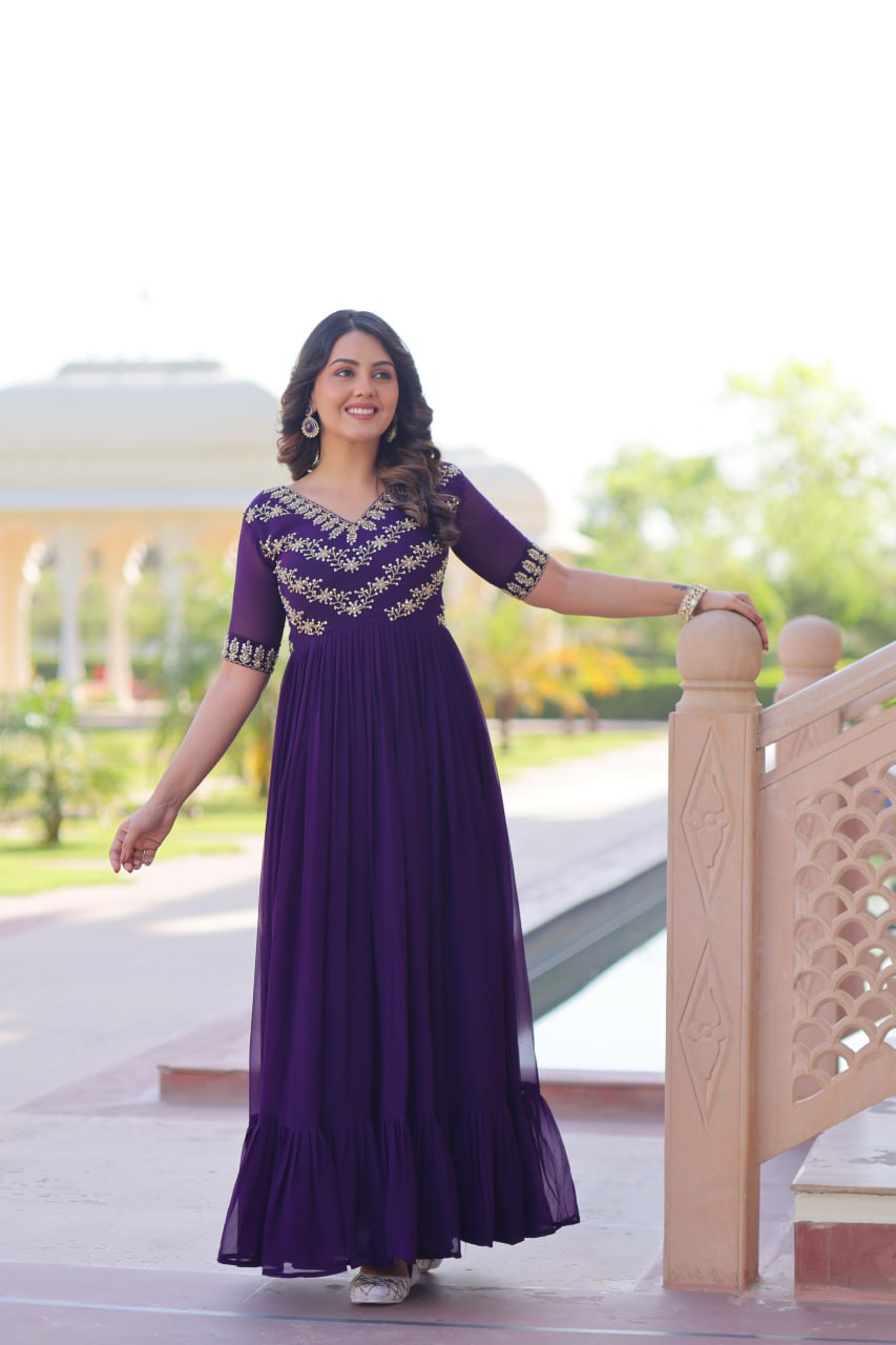 Purple Sequins Multithreaded Beads Embroidered Work Gown