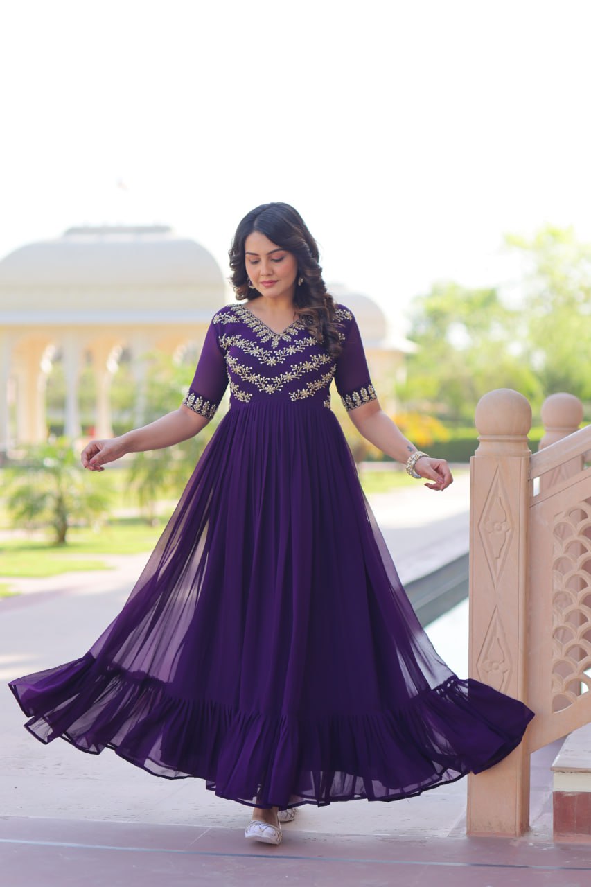 Purple Sequins Multithreaded Beads Embroidered Work Gown