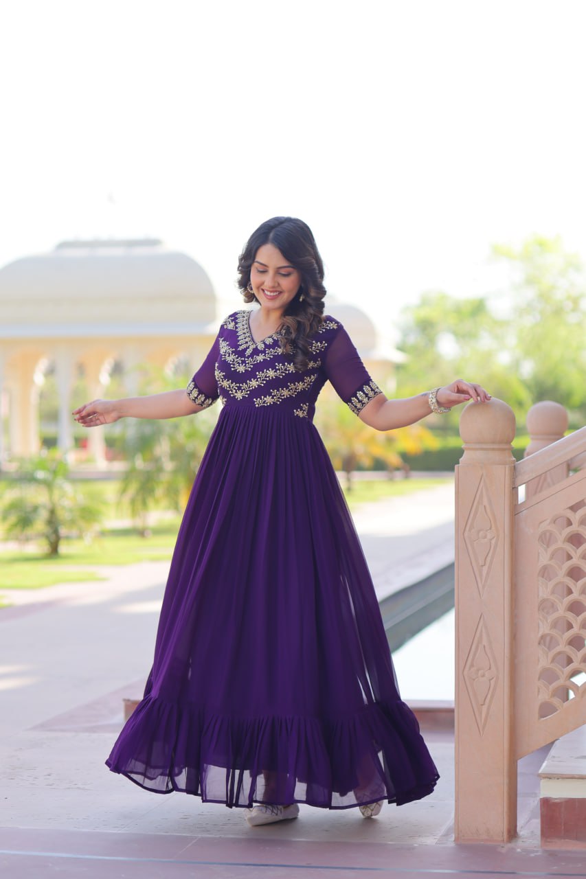 Purple Sequins Multithreaded Beads Embroidered Work Gown