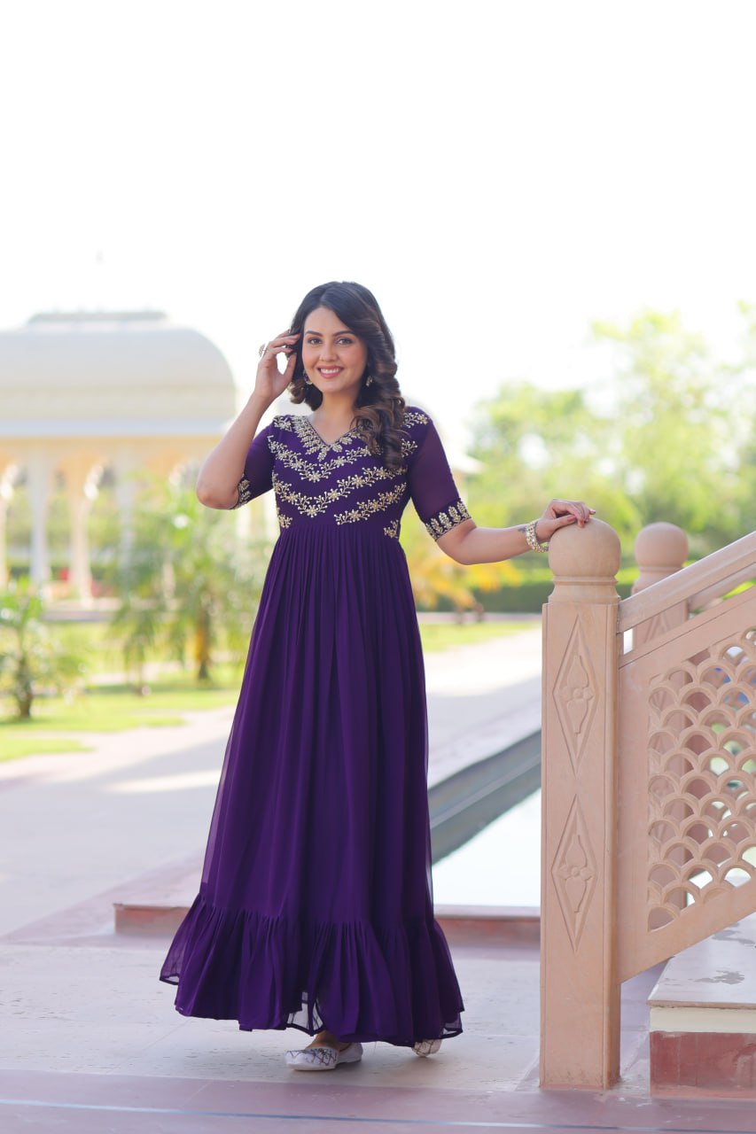 Purple Sequins Multithreaded Beads Embroidered Work Gown