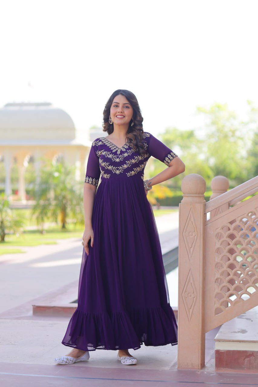 Purple Sequins Multithreaded Beads Embroidered Work Gown