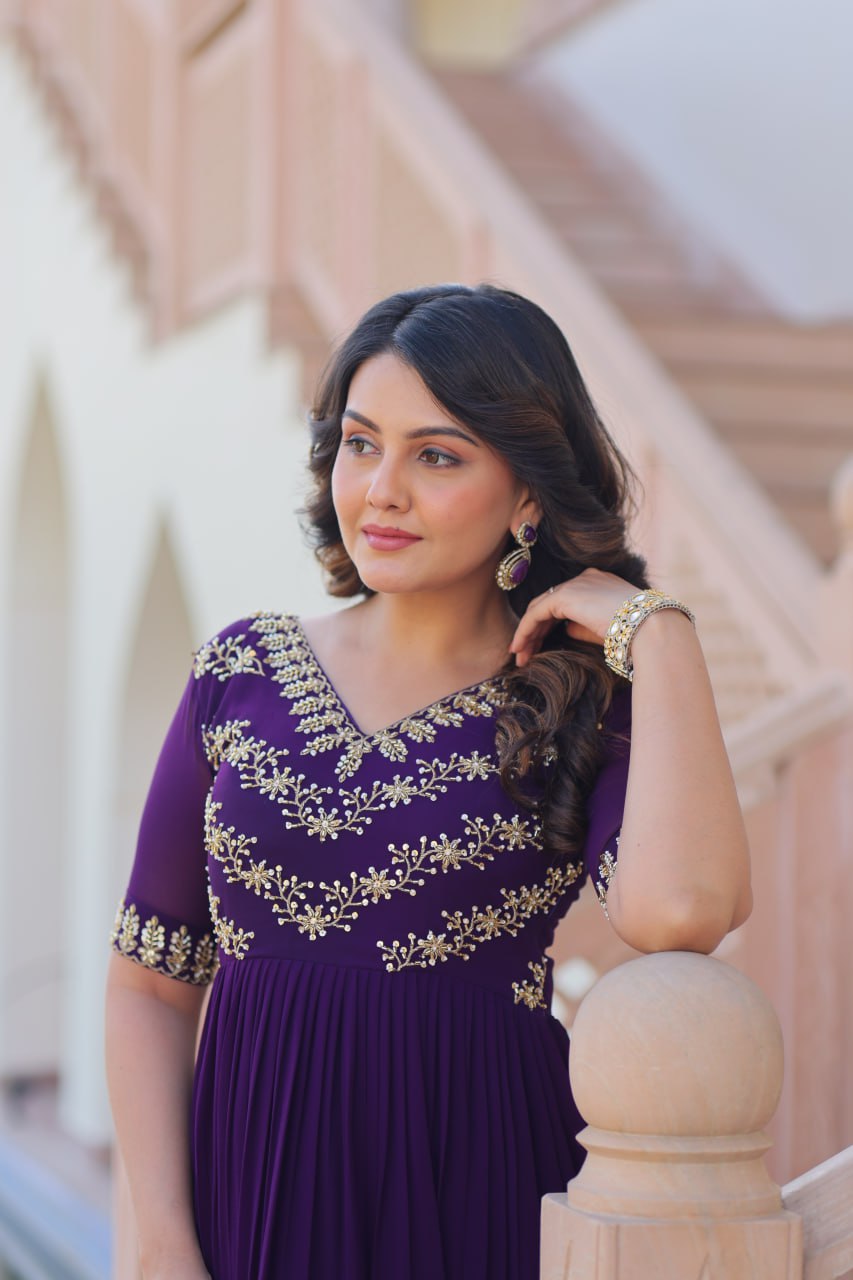 Purple Sequins Multithreaded Beads Embroidered Work Gown