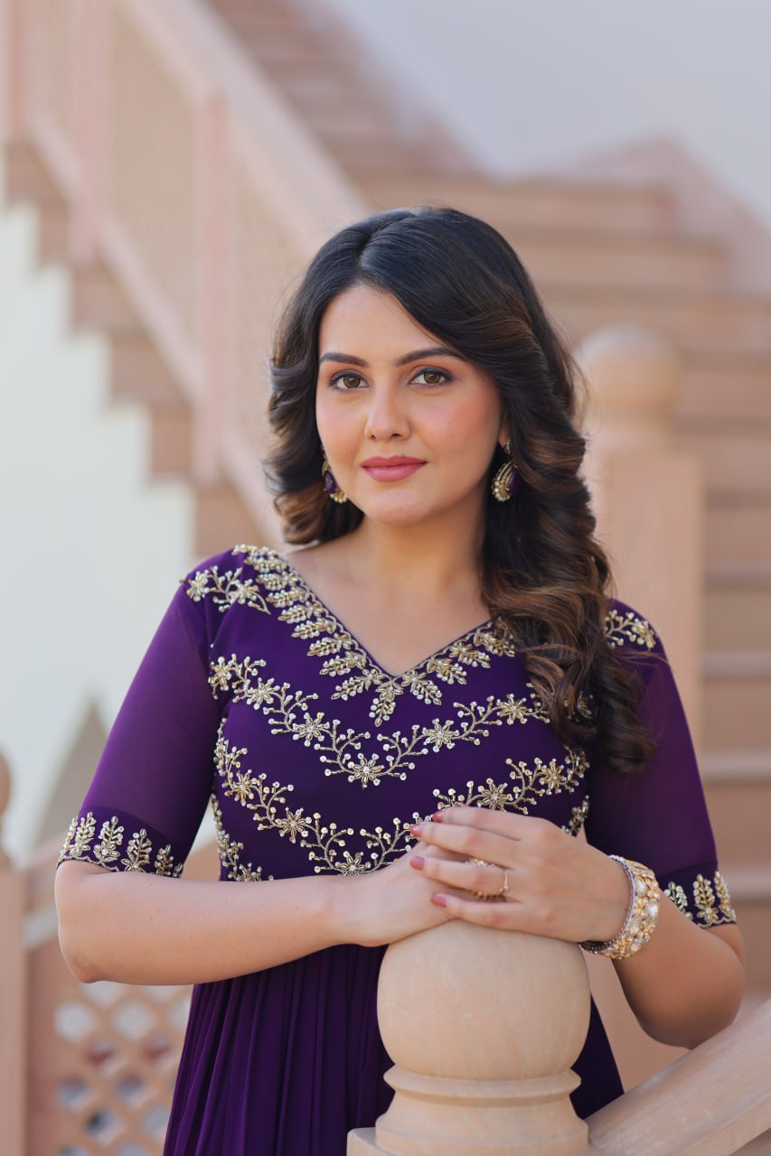 Purple Sequins Multithreaded Beads Embroidered Work Gown