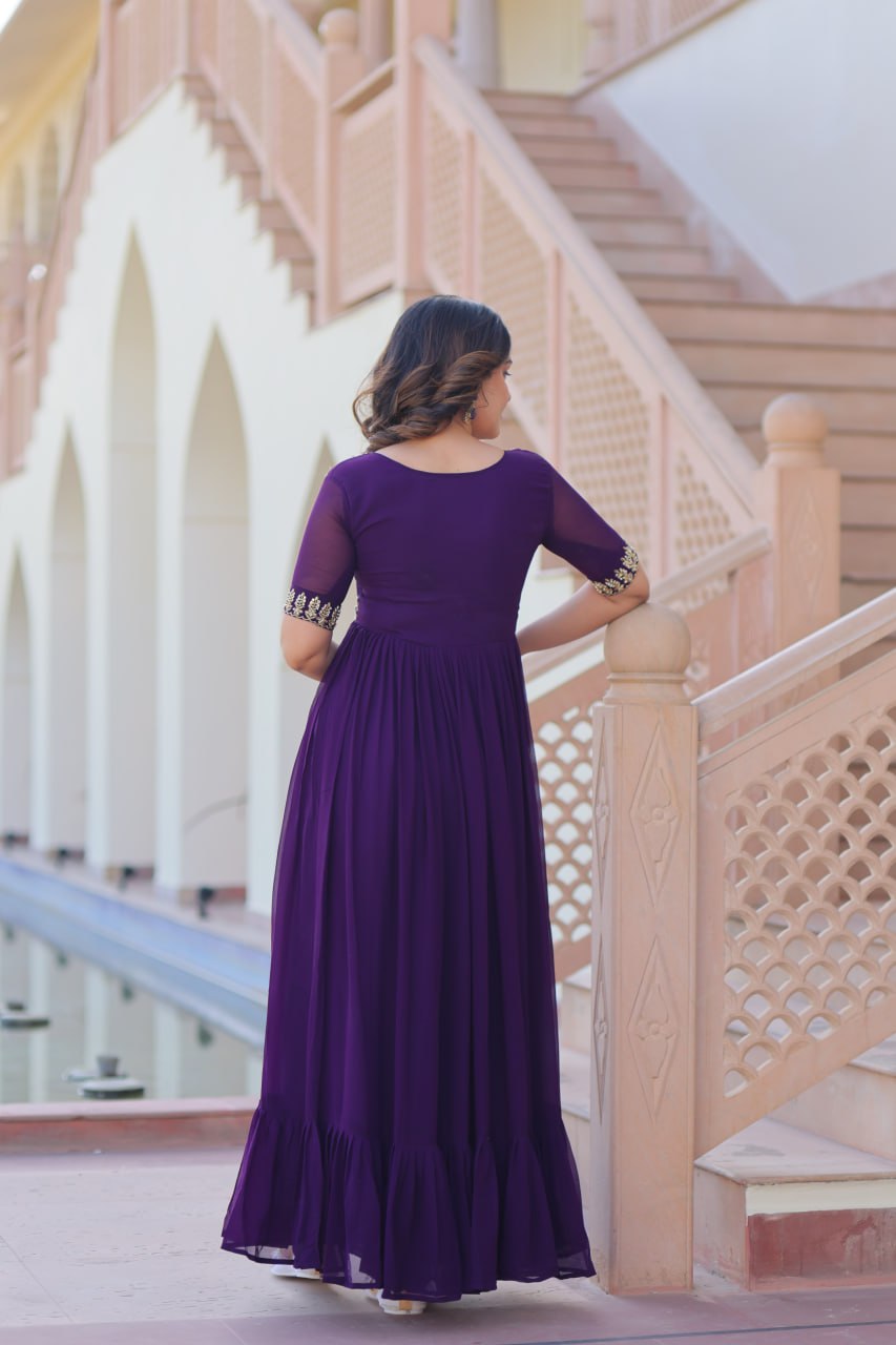 Purple Sequins Multithreaded Beads Embroidered Work Gown