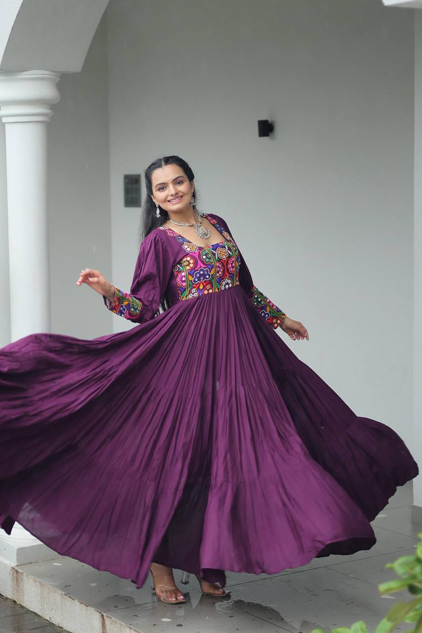 Wine Rayon Kutchi Gamthi Work Navratri Special Gown