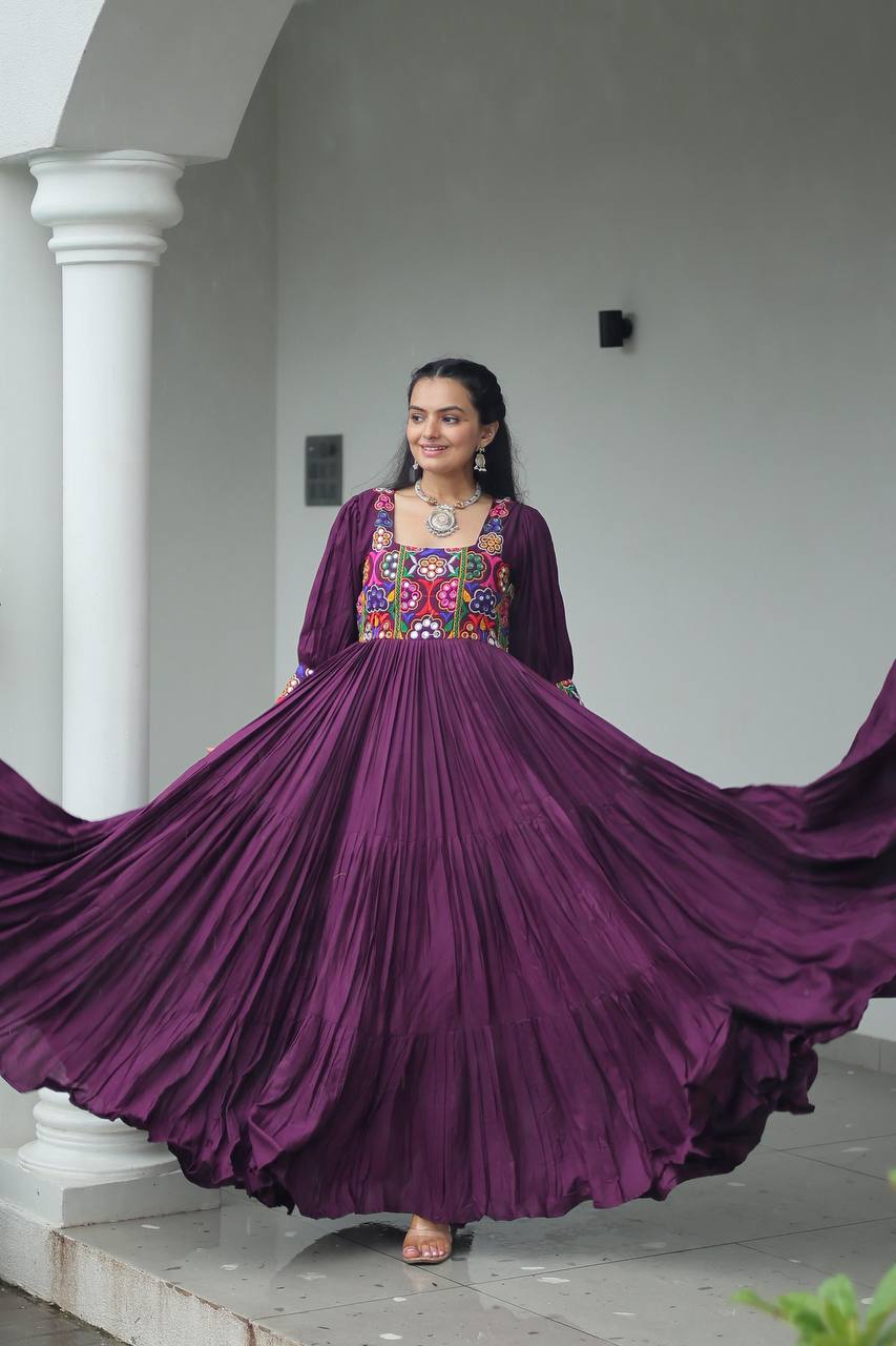 Wine Rayon Kutchi Gamthi Work Navratri Special Gown