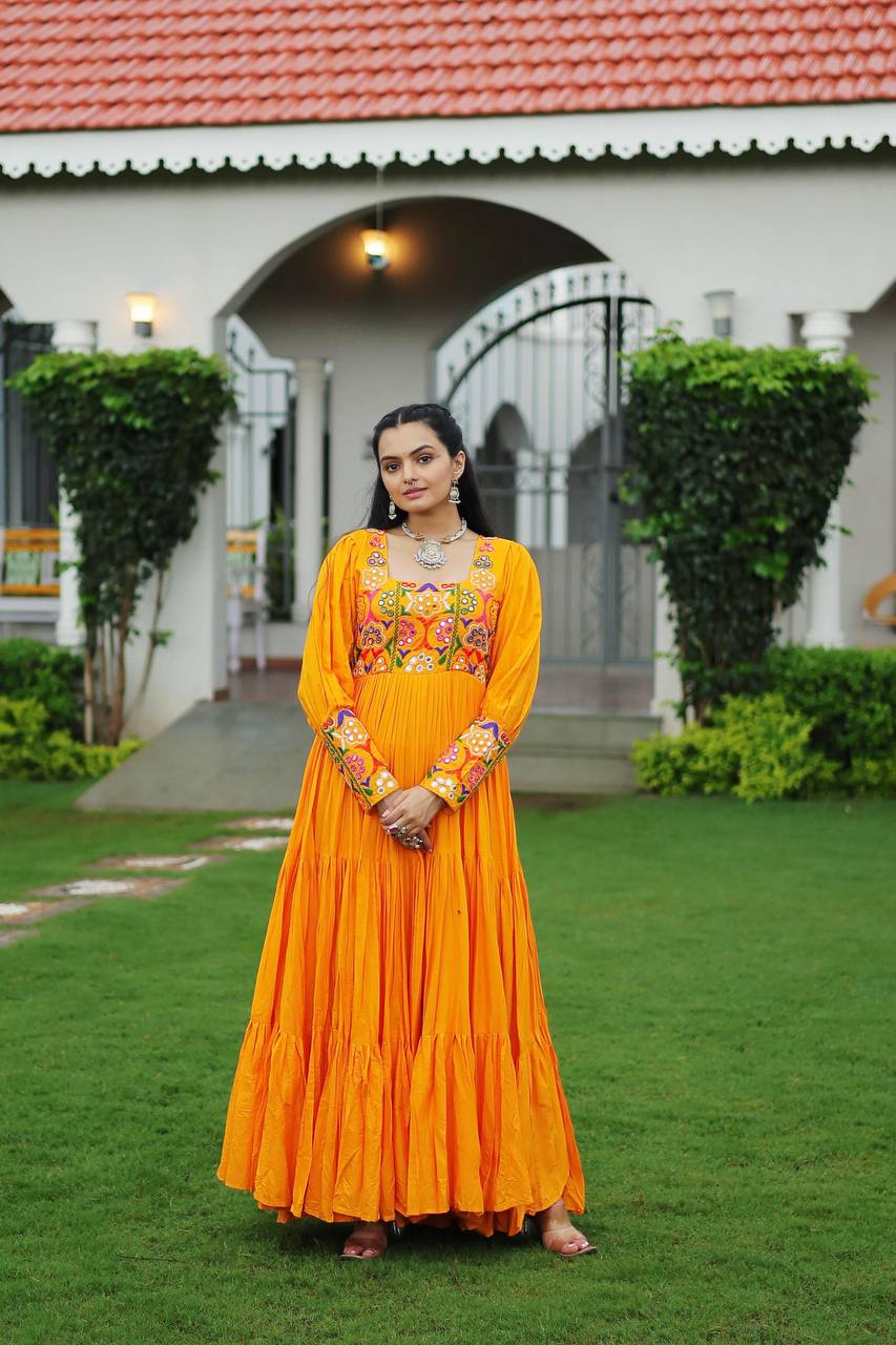 Yellow Rayon Kutchi Gamthi Work Navratri Special Gown