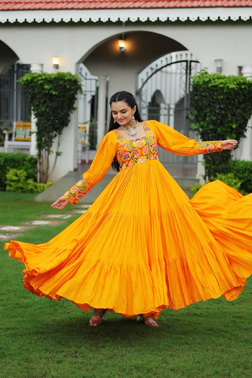 Yellow Rayon Kutchi Gamthi Work Navratri Special Gown