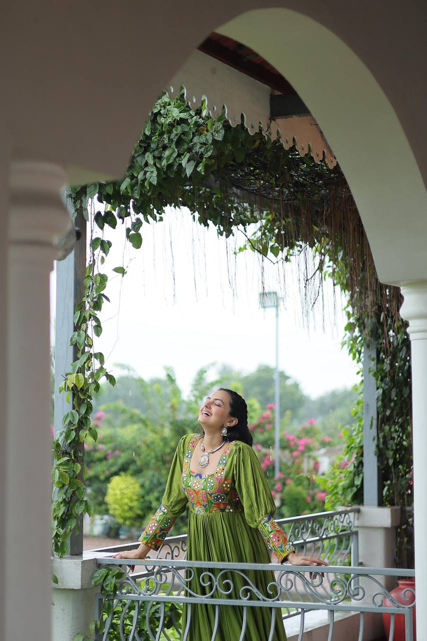 Parrot Rayon Kutchi Gamthi Work Navratri Special Gown