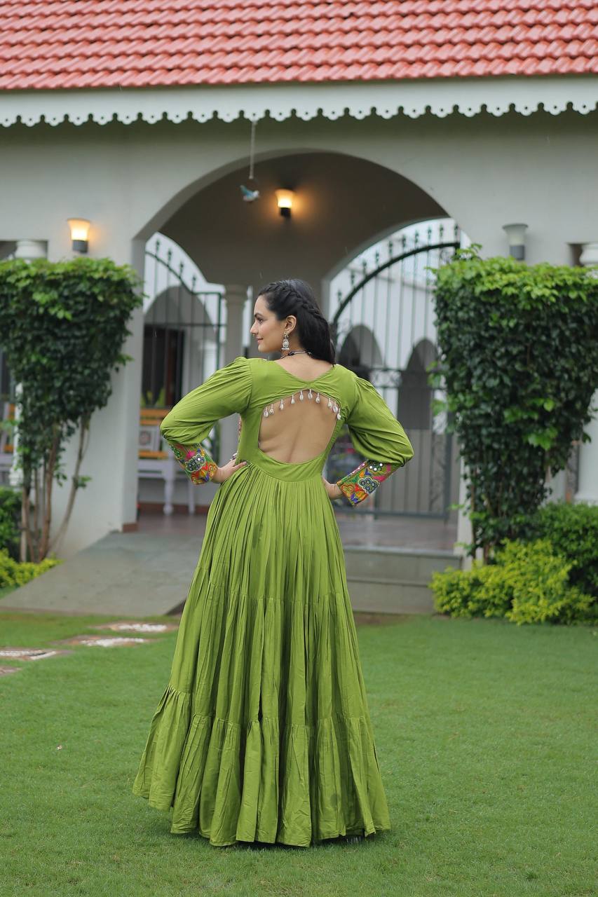 Parrot Rayon Kutchi Gamthi Work Navratri Special Gown