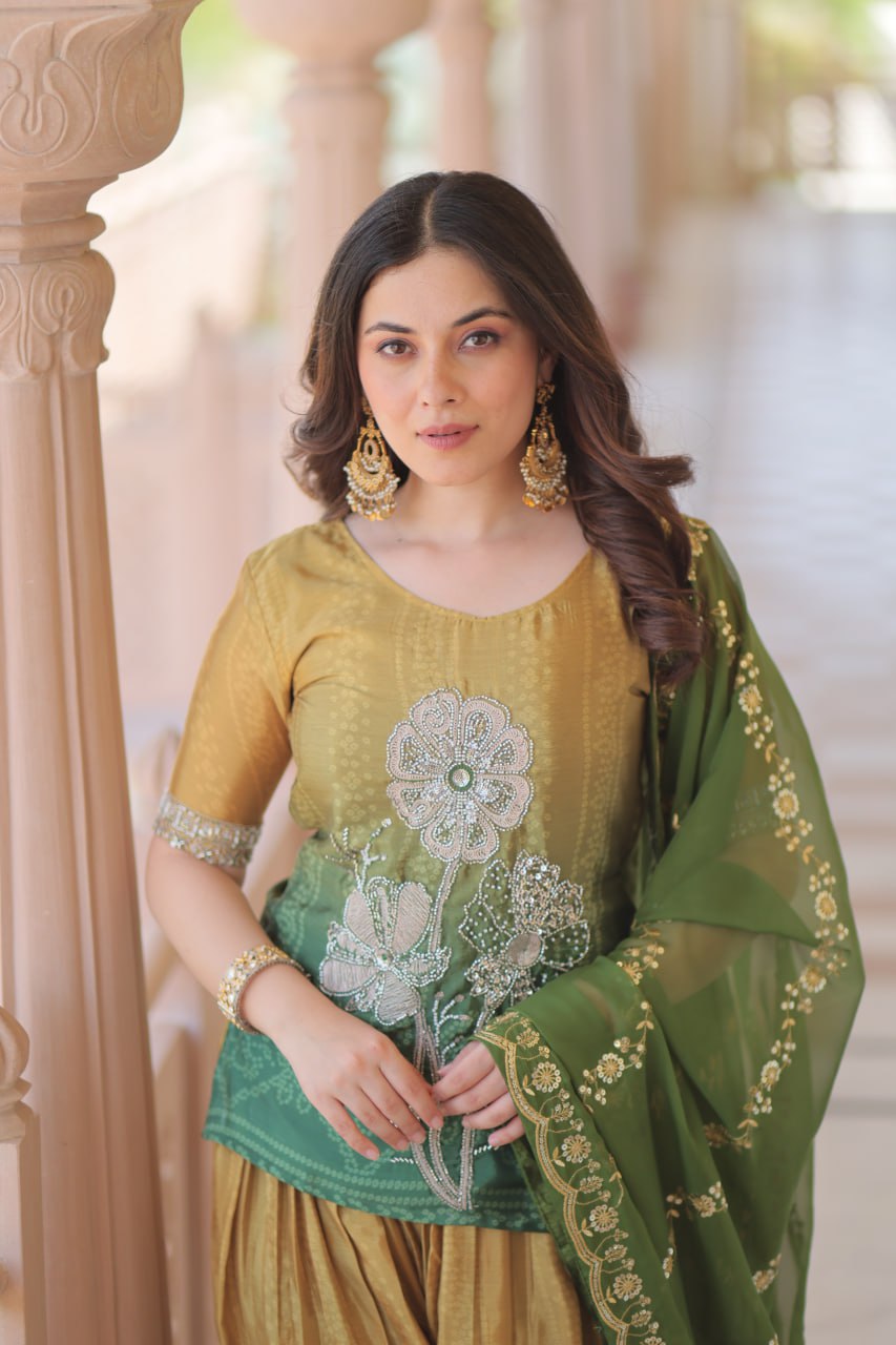 Mehandi Chinnon Print With Beads Embroidered Work Sharara Suit