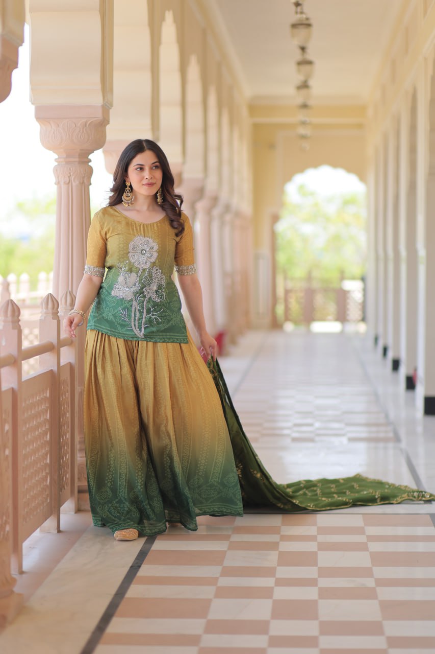 Mehandi Chinnon Print With Beads Embroidered Work Sharara Suit