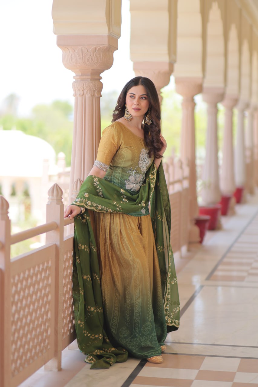 Mehandi Chinnon Print With Beads Embroidered Work Sharara Suit
