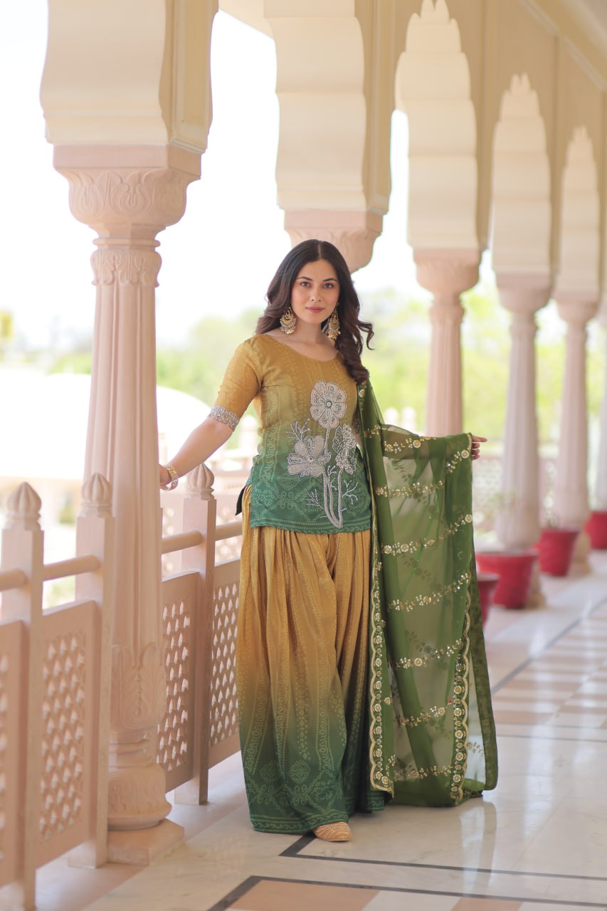 Mehandi Chinnon Print With Beads Embroidered Work Sharara Suit