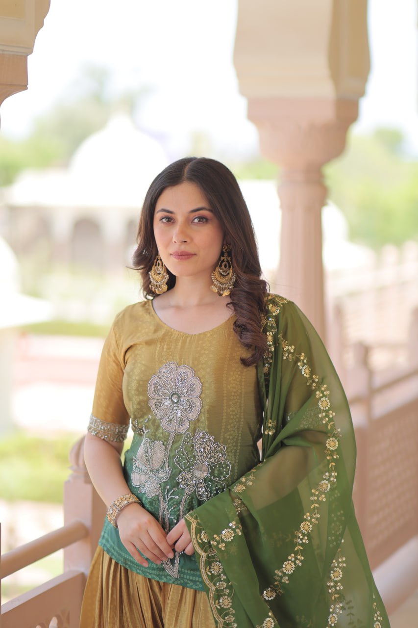 Mehandi Chinnon Print With Beads Embroidered Work Sharara Suit