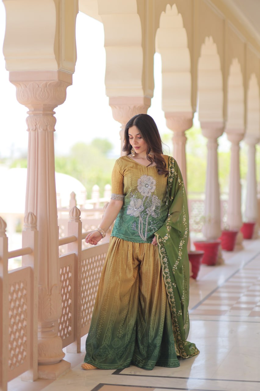 Mehandi Chinnon Print With Beads Embroidered Work Sharara Suit