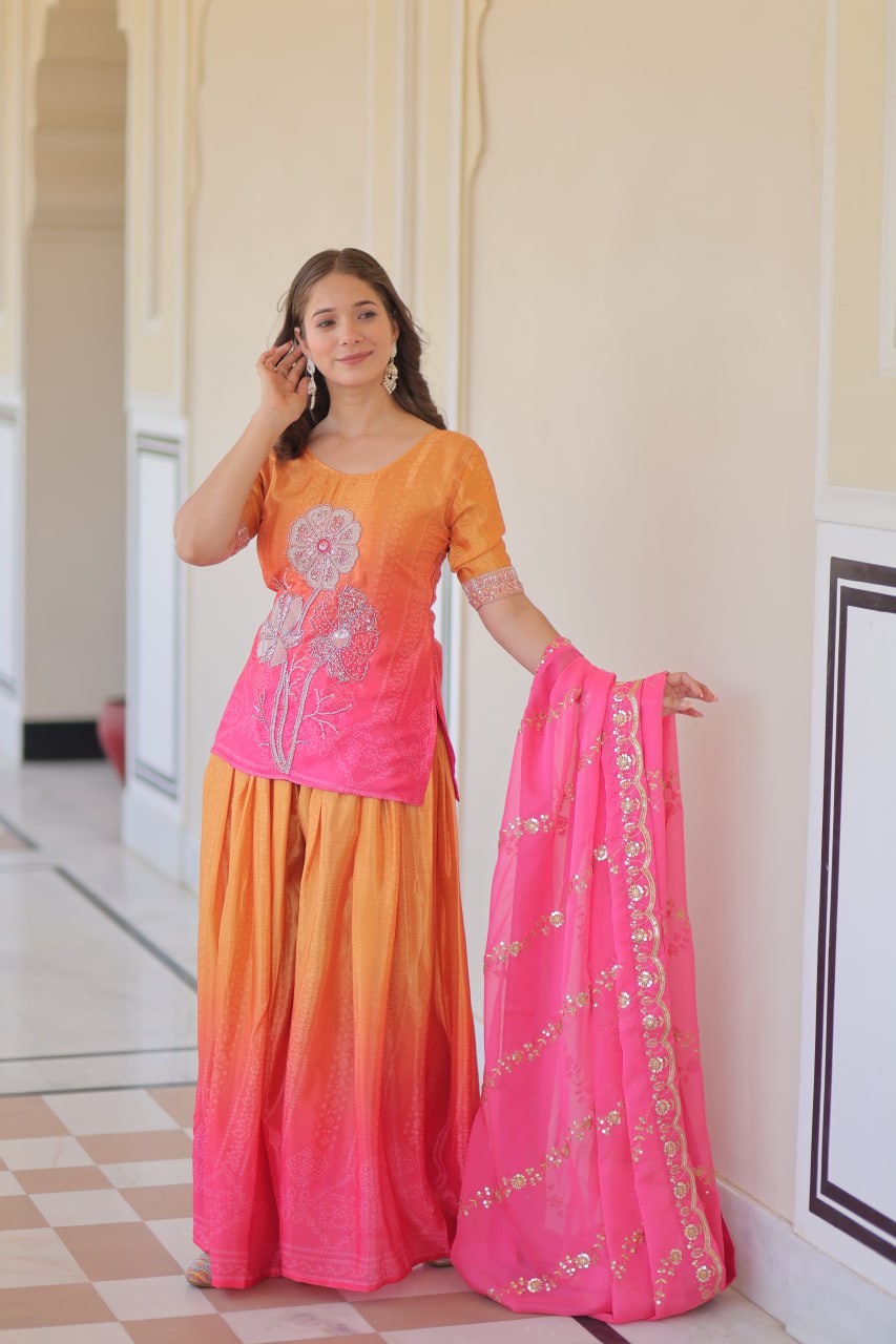 Pink Chinnon Print With Beads Embroidered Work Sharara Suit