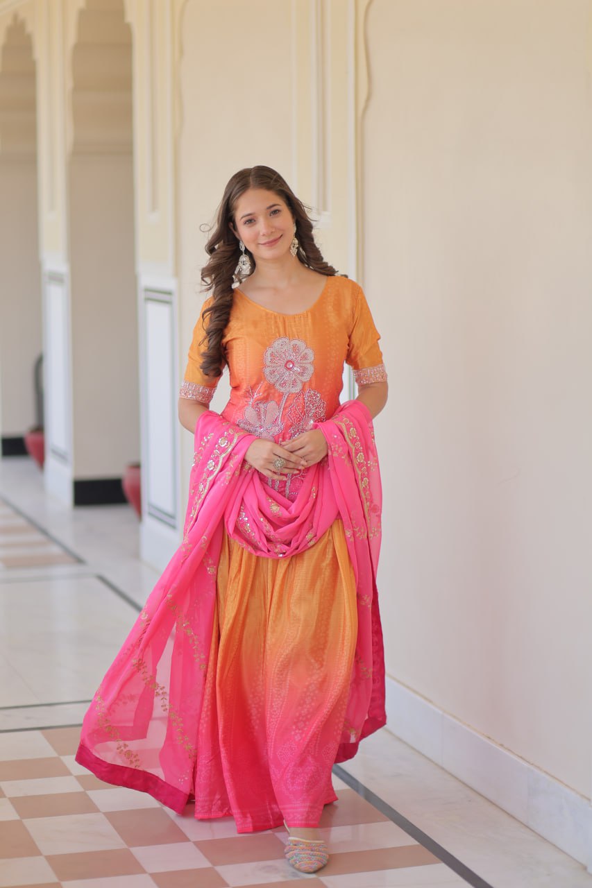 Pink Chinnon Print With Beads Embroidered Work Sharara Suit