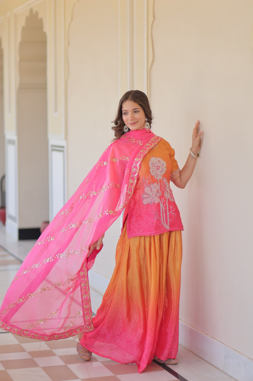 Pink Chinnon Print With Beads Embroidered Work Sharara Suit