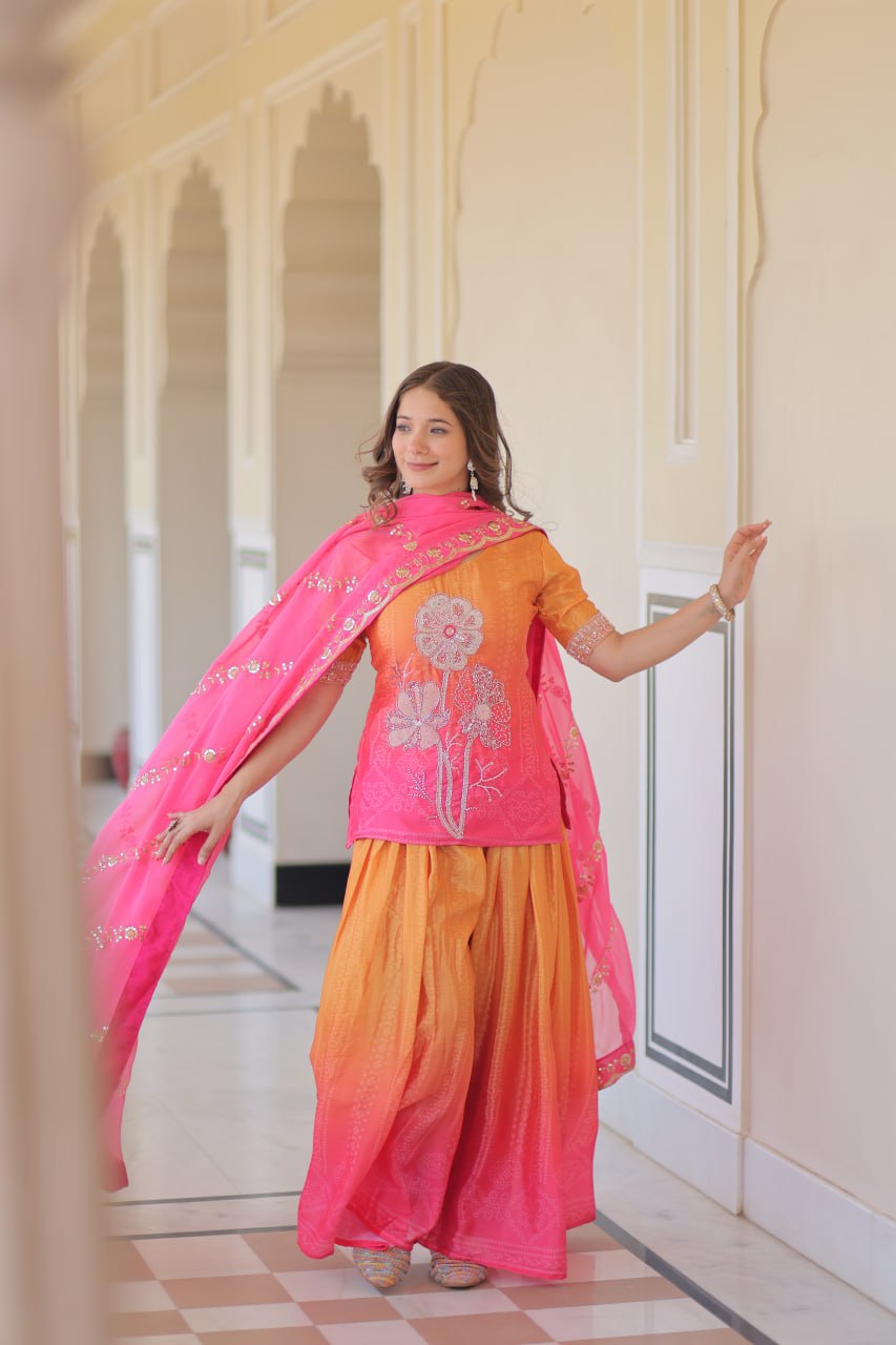 Pink Chinnon Print With Beads Embroidered Work Sharara Suit