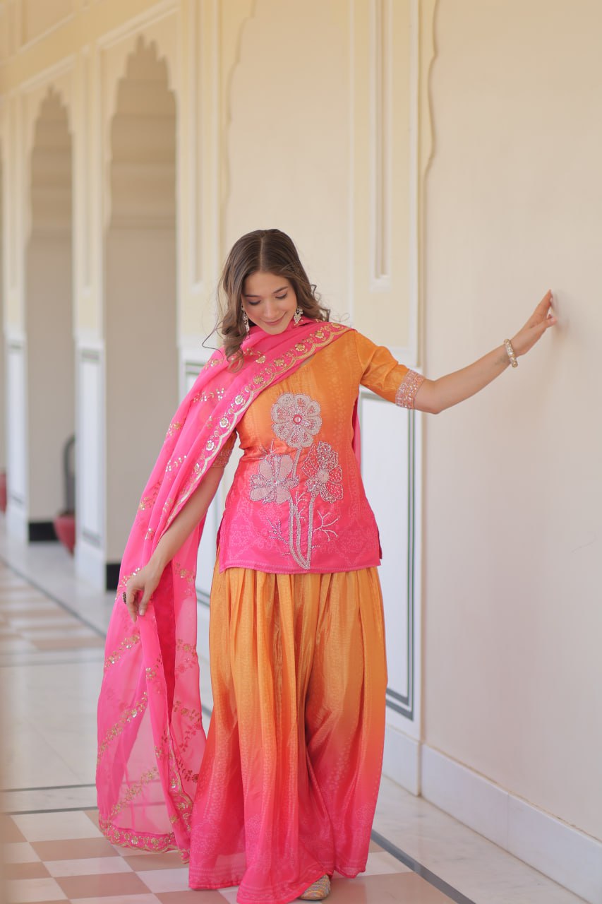 Pink Chinnon Print With Beads Embroidered Work Sharara Suit