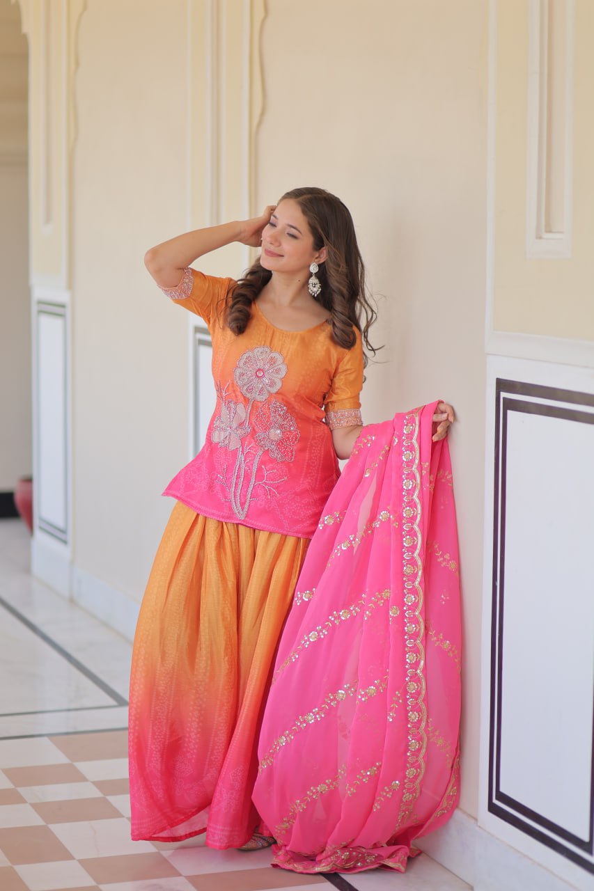 Pink Chinnon Print With Beads Embroidered Work Sharara Suit