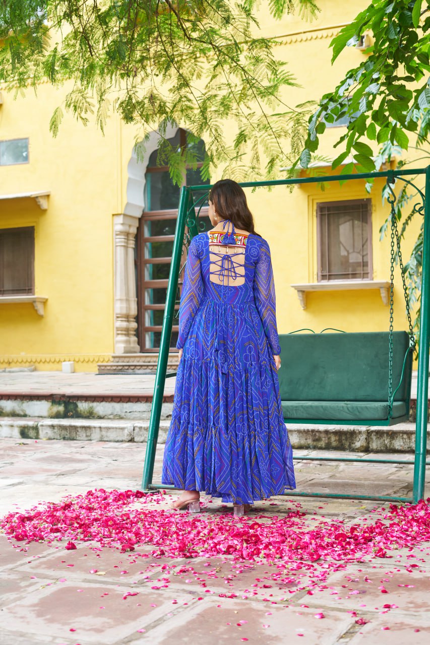 Blue Bandhani Print Work With Kutchi Patchework Navratri Special Gown