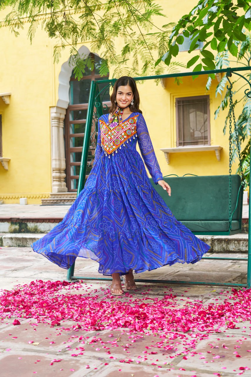 Blue Bandhani Print Work With Kutchi Patchework Navratri Special Gown