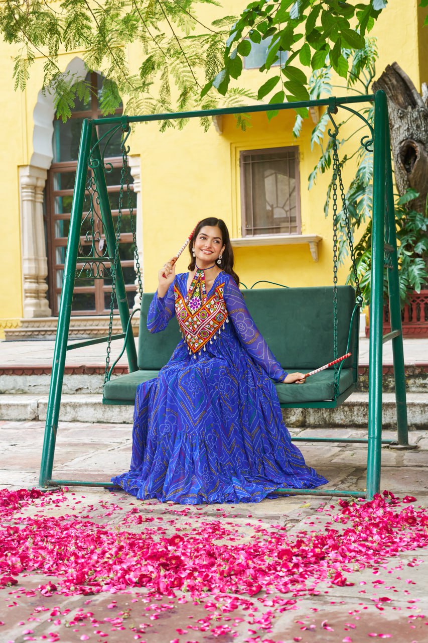 Blue Bandhani Print Work With Kutchi Patchework Navratri Special Gown