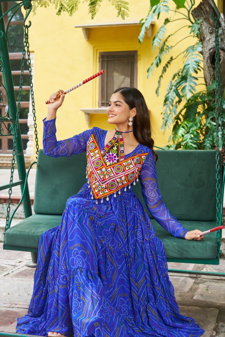 Blue Bandhani Print Work With Kutchi Patchework Navratri Special Gown
