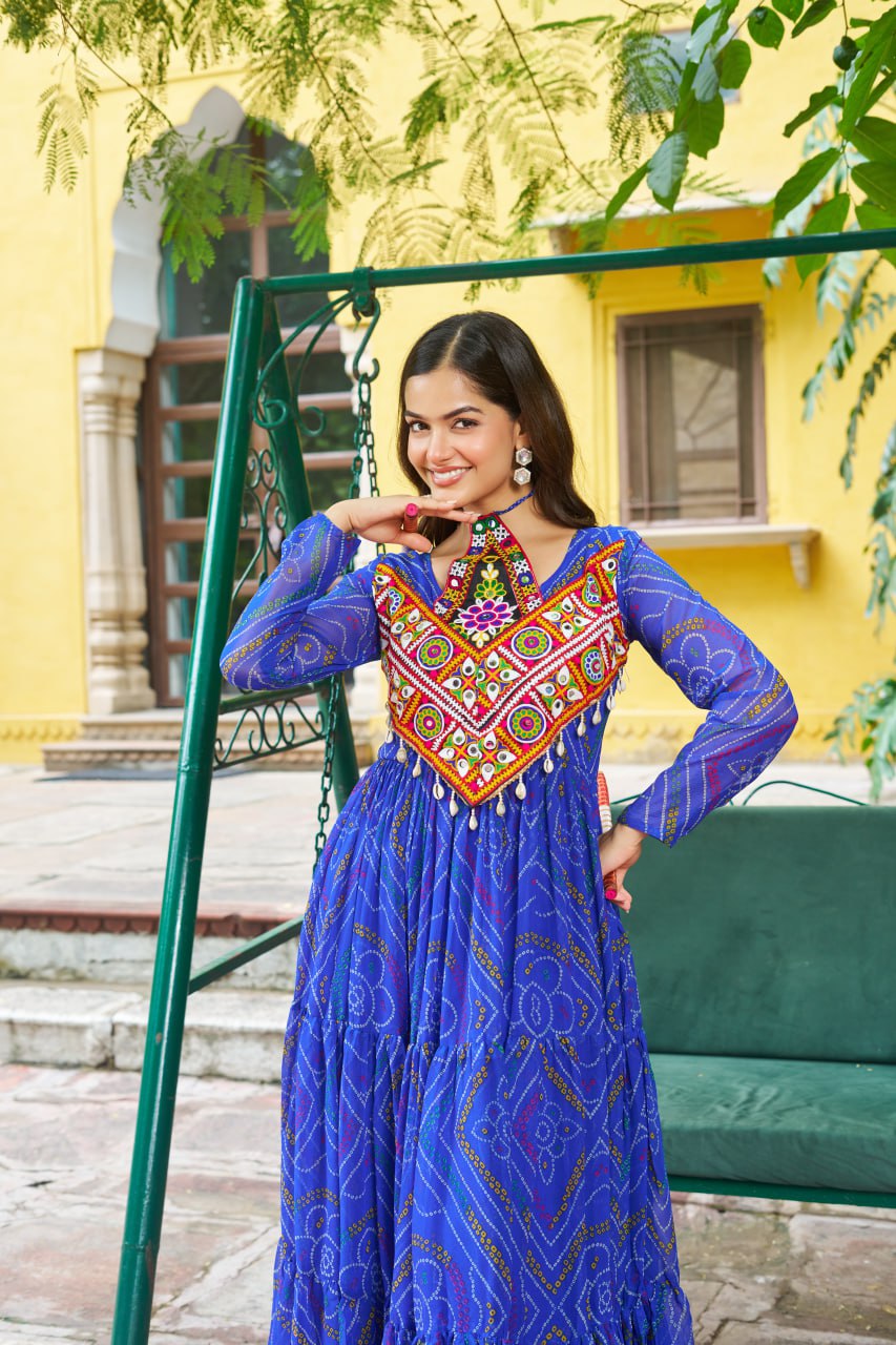 Blue Bandhani Print Work With Kutchi Patchework Navratri Special Gown