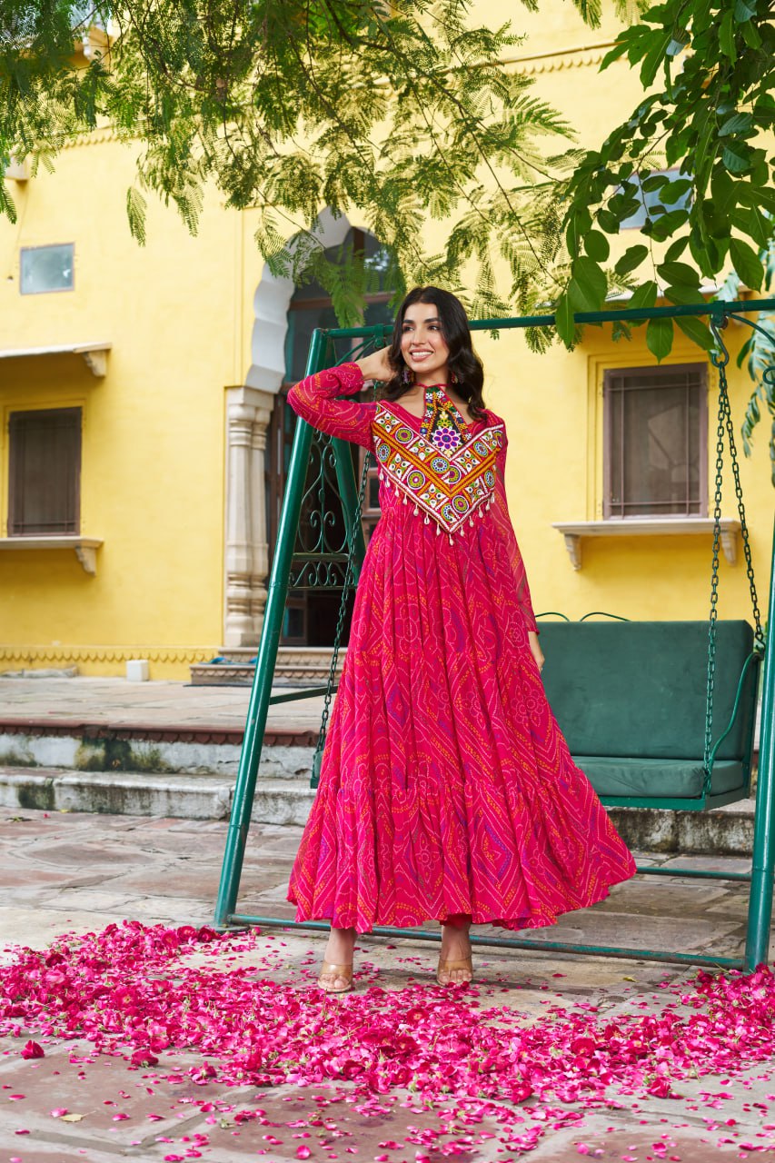 Pink Bandhani Print Work With Kutchi Patchework Navratri Special Gown
