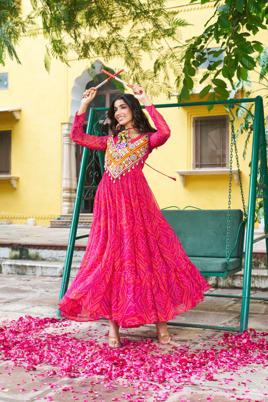 Pink Bandhani Print Work With Kutchi Patchework Navratri Special Gown