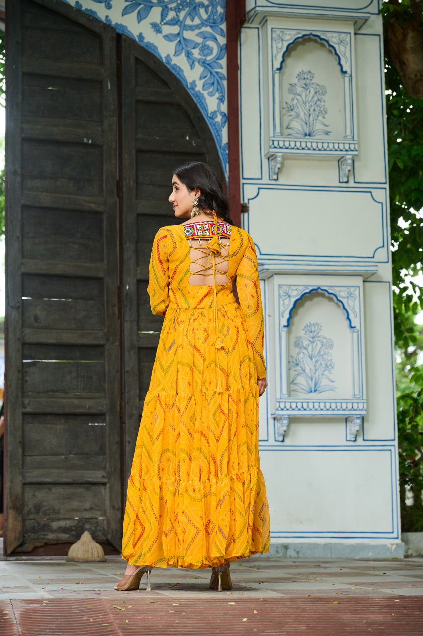 Yelow Bandhani Print Work With Kutchi Patchework Navratri Special Gown