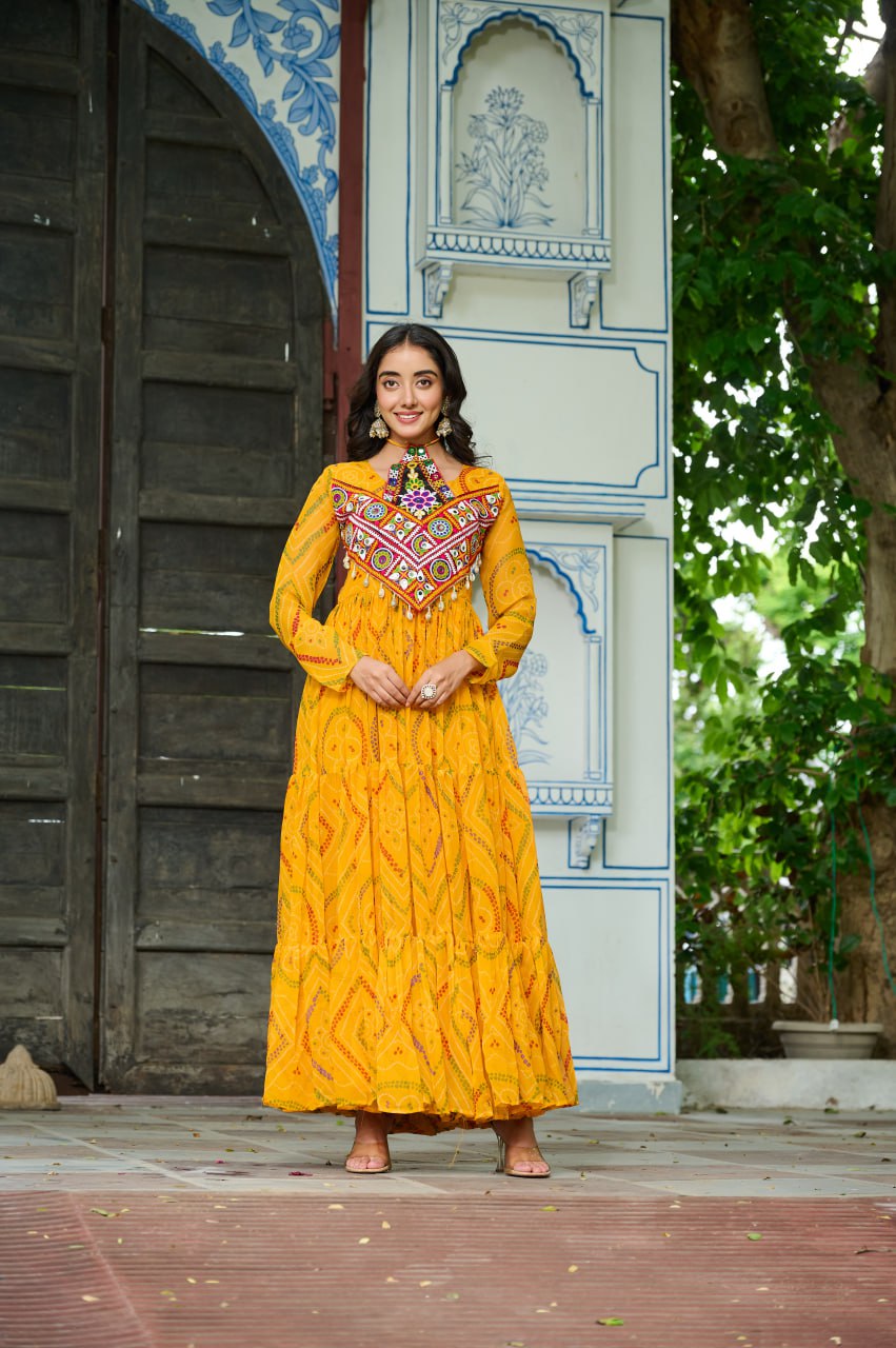 Yelow Bandhani Print Work With Kutchi Patchework Navratri Special Gown
