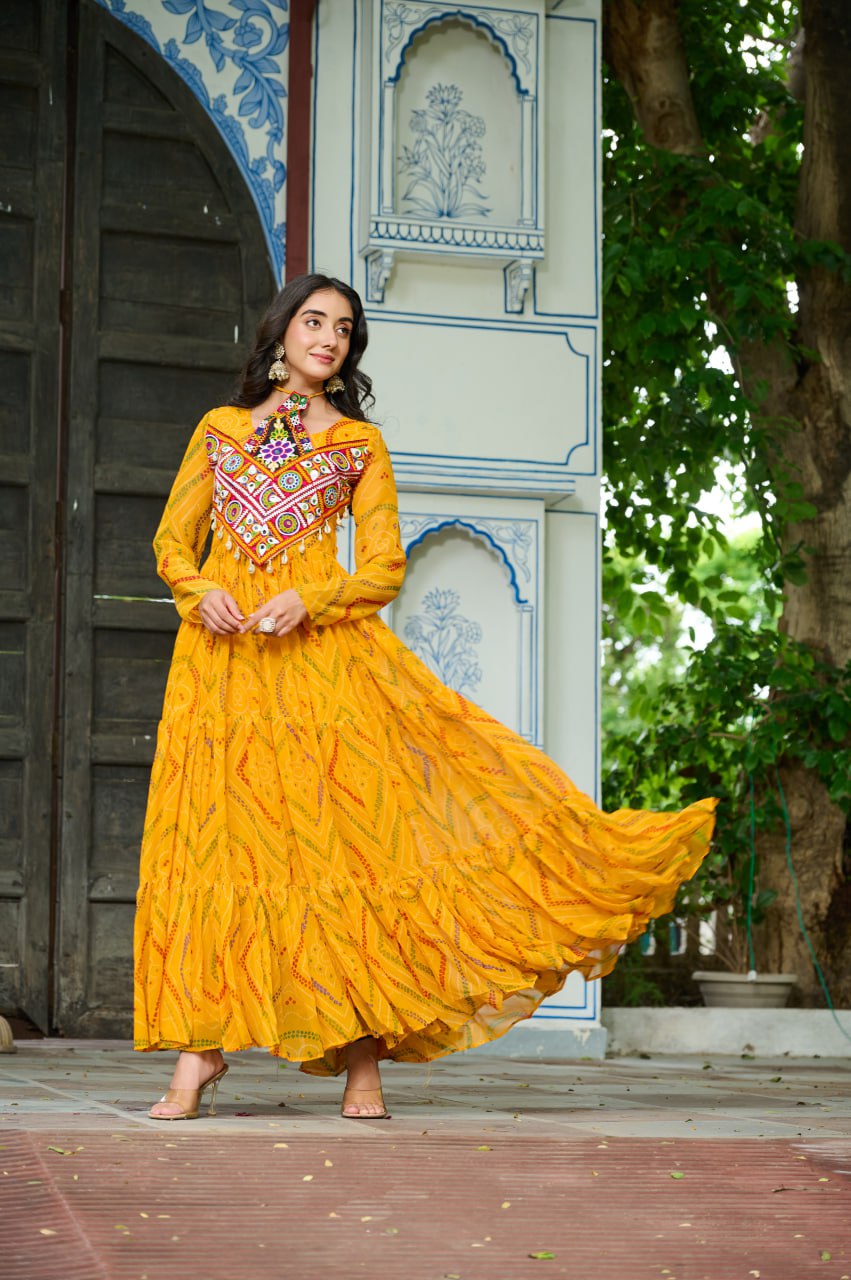 Yelow Bandhani Print Work With Kutchi Patchework Navratri Special Gown