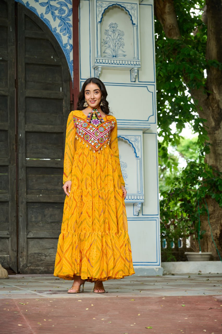 Yelow Bandhani Print Work With Kutchi Patchework Navratri Special Gown