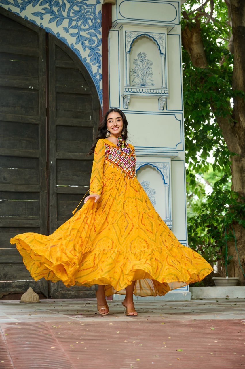 Yelow Bandhani Print Work With Kutchi Patchework Navratri Special Gown