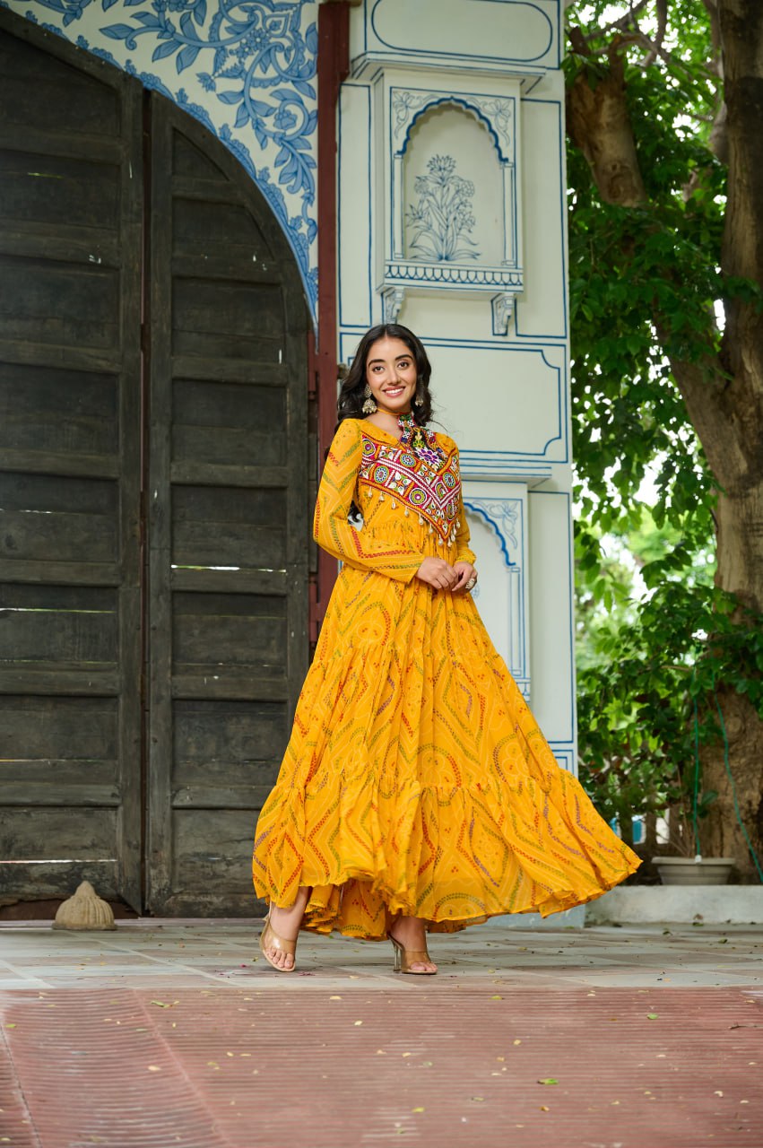 Yelow Bandhani Print Work With Kutchi Patchework Navratri Special Gown