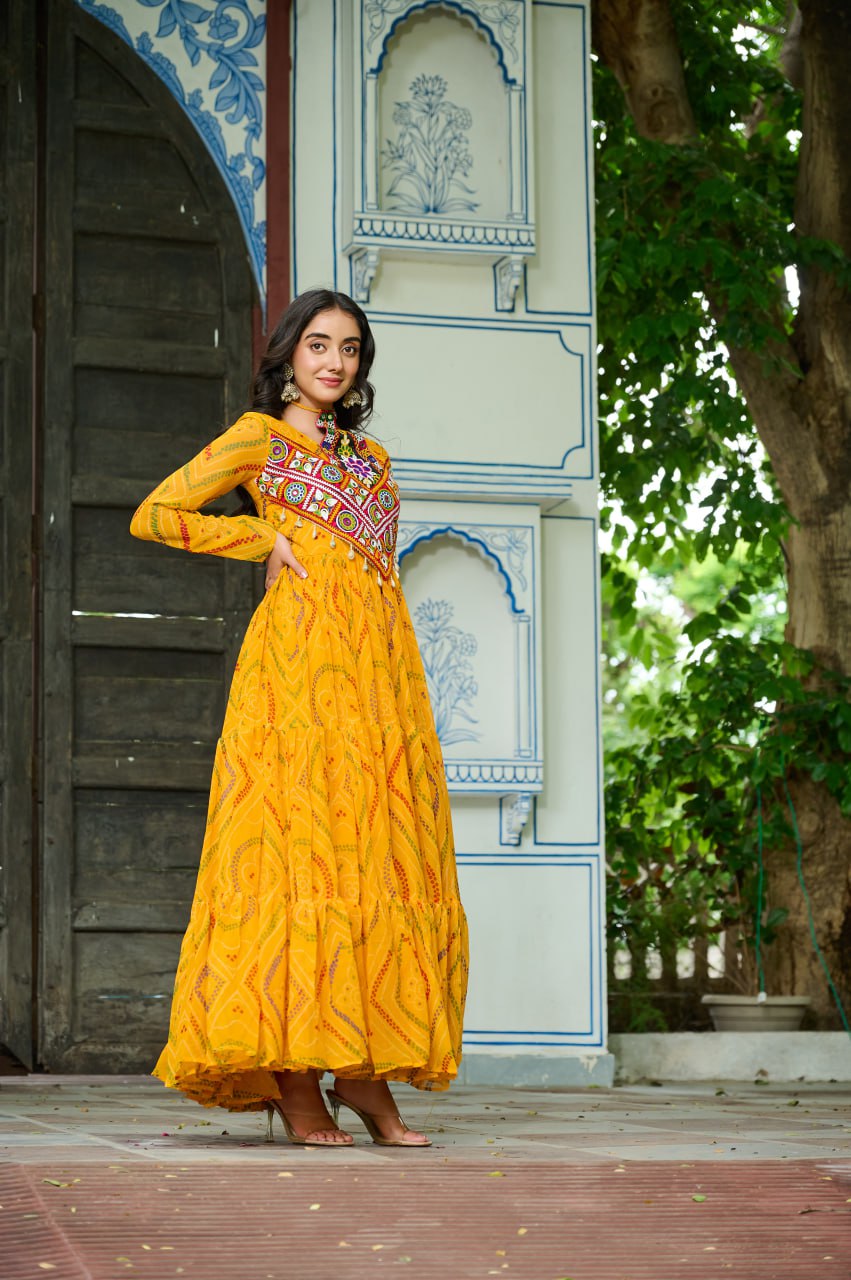 Yelow Bandhani Print Work With Kutchi Patchework Navratri Special Gown