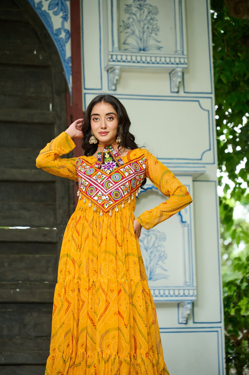 Yelow Bandhani Print Work With Kutchi Patchework Navratri Special Gown