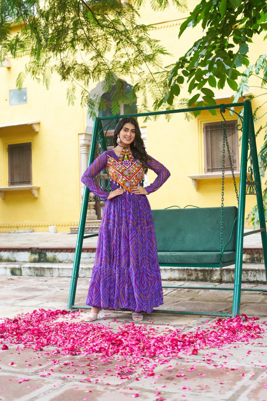 Purple Bandhani Print Work With Kutchi Patchework Navratri Special Gown