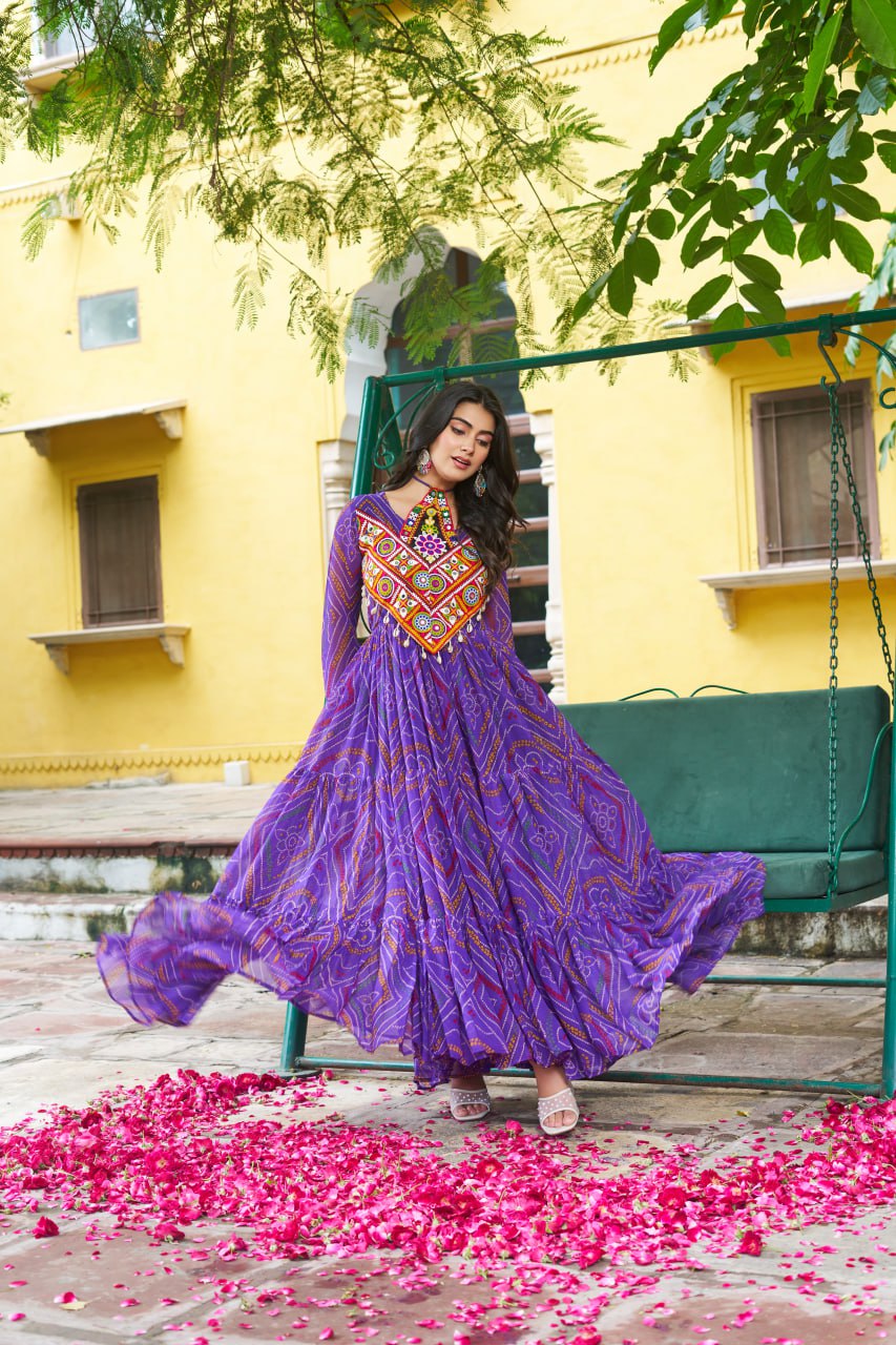 Purple Bandhani Print Work With Kutchi Patchework Navratri Special Gown