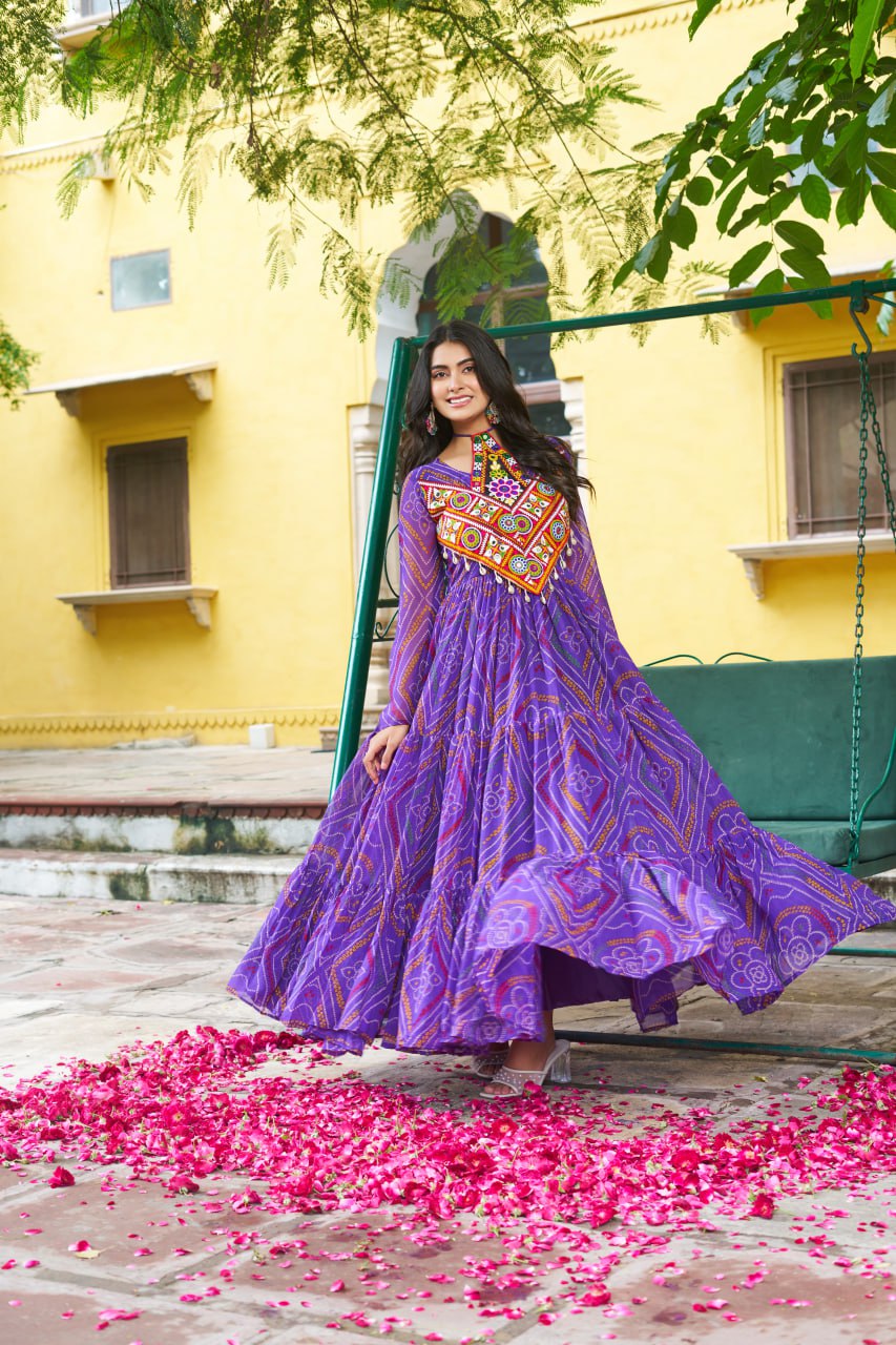 Purple Bandhani Print Work With Kutchi Patchework Navratri Special Gown
