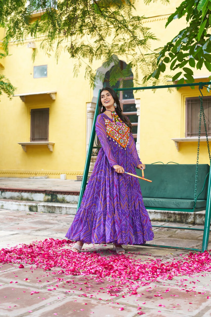 Purple Bandhani Print Work With Kutchi Patchework Navratri Special Gown