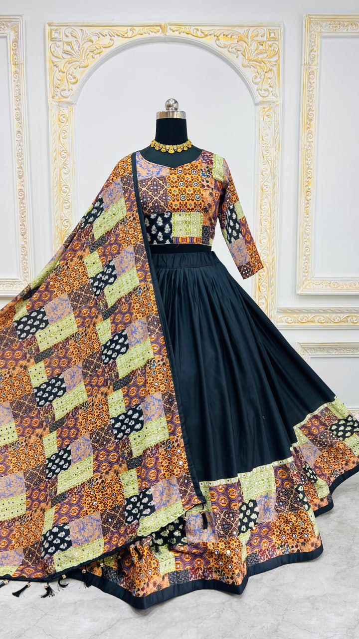 Black Multicolor Digital Print Real Mirror Work Navaratri Lehenga Choli