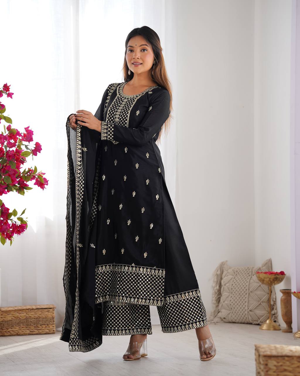 Black Pure Chinon Silk Fabric With Beautiful Embroidery Sequence And Jari Work Plazzo Set